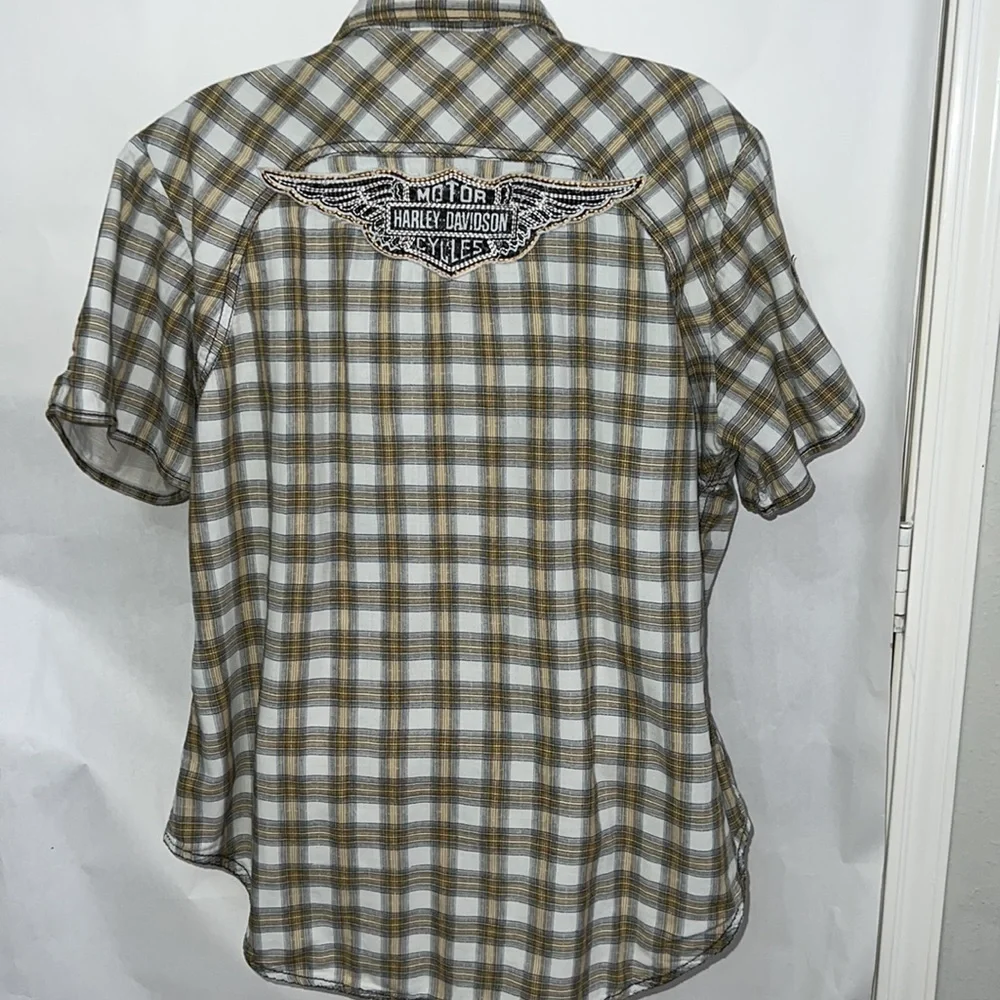 Harley Davidson Logo Womens Plaid Pearl Snap Short Sleeve Shirt Size Medium - Picture 4 of 6